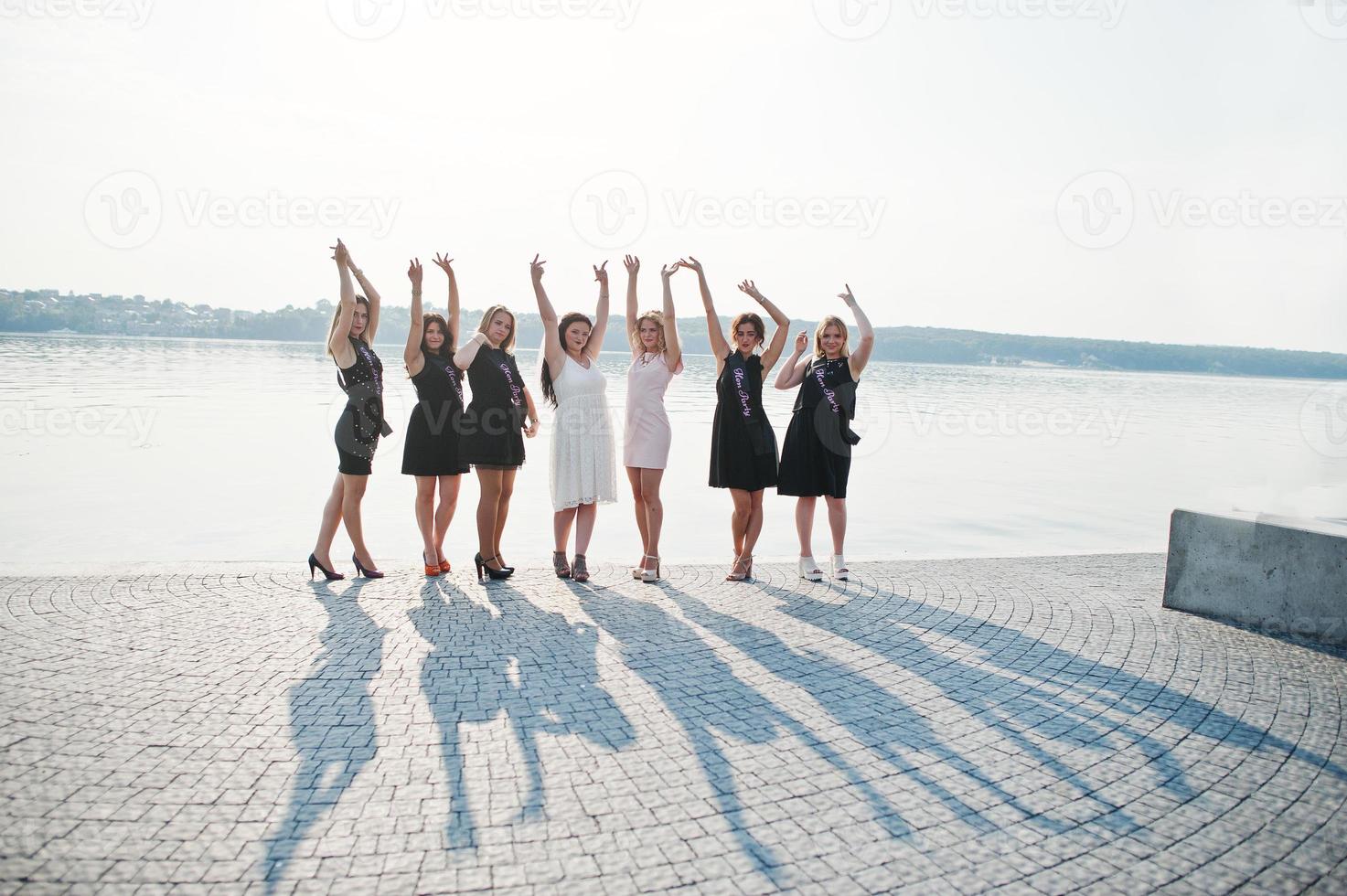 un gruppo di 7 ragazze indossano abiti neri e 2 spose e fanno le ombre all'addio al nubilato. foto
