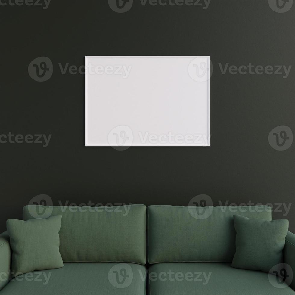 poster bianco paesaggio minimalista o cornice per foto nel design degli interni della parete del soggiorno moderno con divano. rendering 3D.