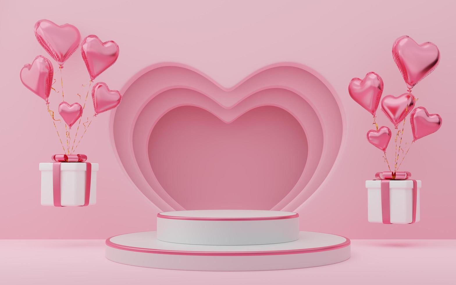 podio a cilindro bianco vuoto con bordo rosa, scatole regalo, palloncini cuori su sfondo arco e tenda. interno di san valentino con piedistallo. spazio mockup per la visualizzazione del design del prodotto. rendering 3d. foto