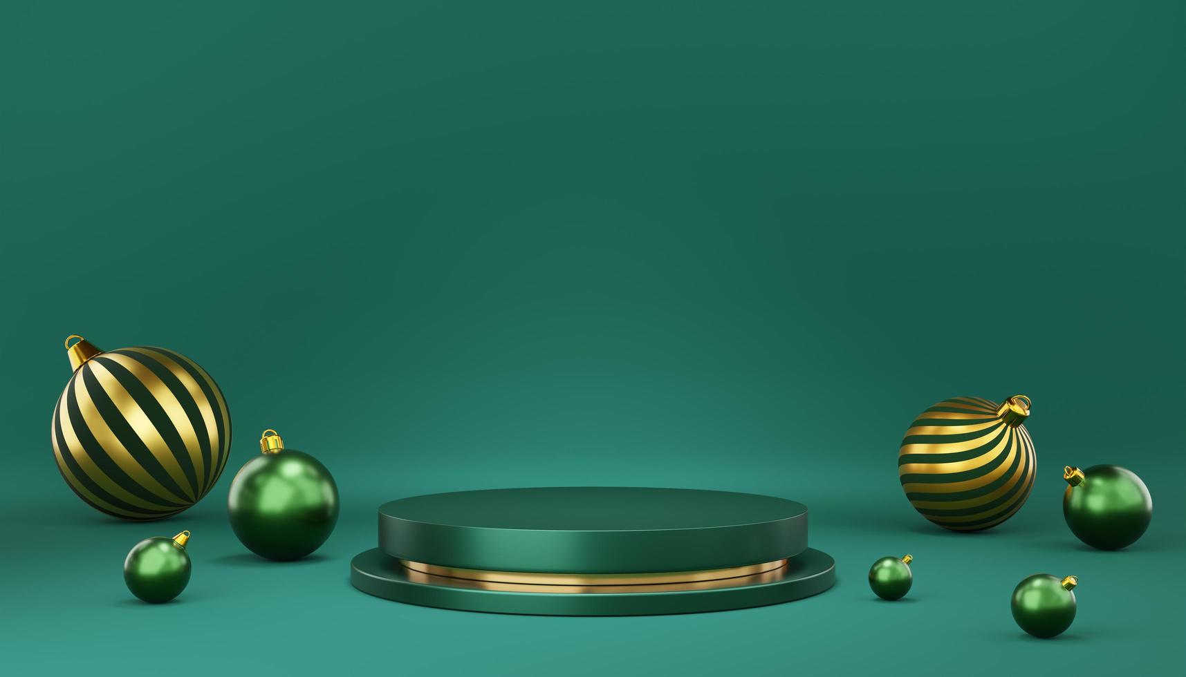 podio cilindro vuoto verde e oro con ornamenti natalizi su sfondo verde. studio minimale astratto 3d geometrico per natale. mockup per buon natale. rendering 3D. foto