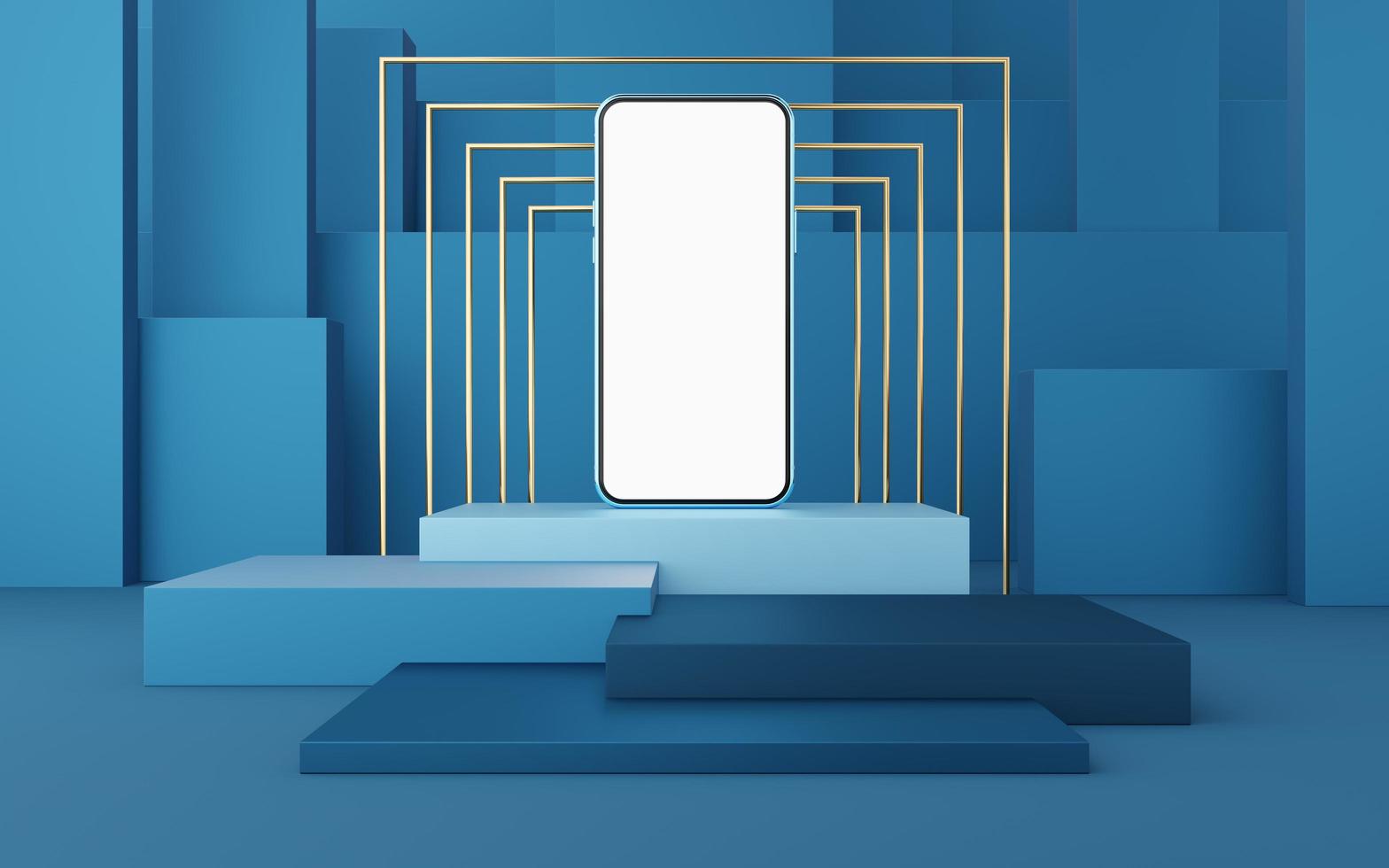 telefono cellulare blu sul podio del cubo con bordo dorato e quadrato dorato su sfondo blu. studio minimo 3d. piedistallo mock up spazio per il moderno. smartphone con schermo bianco vuoto. rendering 3D. foto