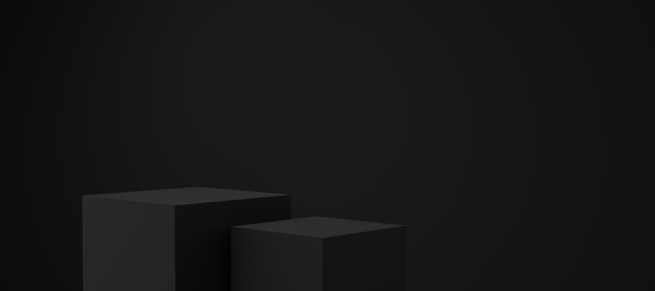 podio cubo nero vuoto galleggiante su sfondo nero spazio copia. oggetto di forma geometrica 3d studio minimale astratto. spazio mockup del piedistallo monotono per la visualizzazione del design del prodotto. rendering 3D. foto