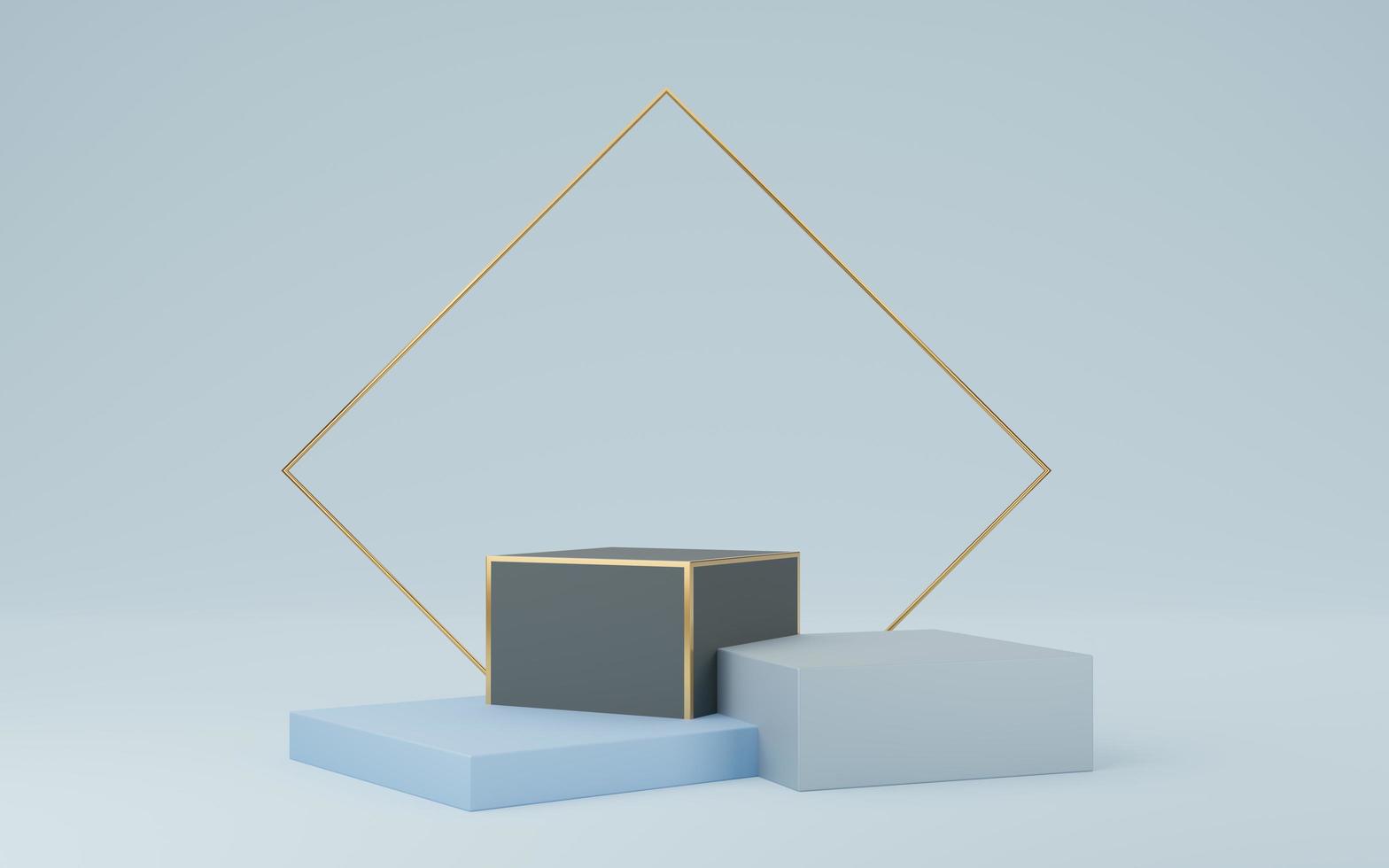 podio cubo nero e blu vuoto con bordo dorato e quadrato dorato su sfondo grigio. oggetto di forma geometrica 3d studio minimale astratto. spazio mockup per la visualizzazione del design del prodotto. rendering 3D. foto