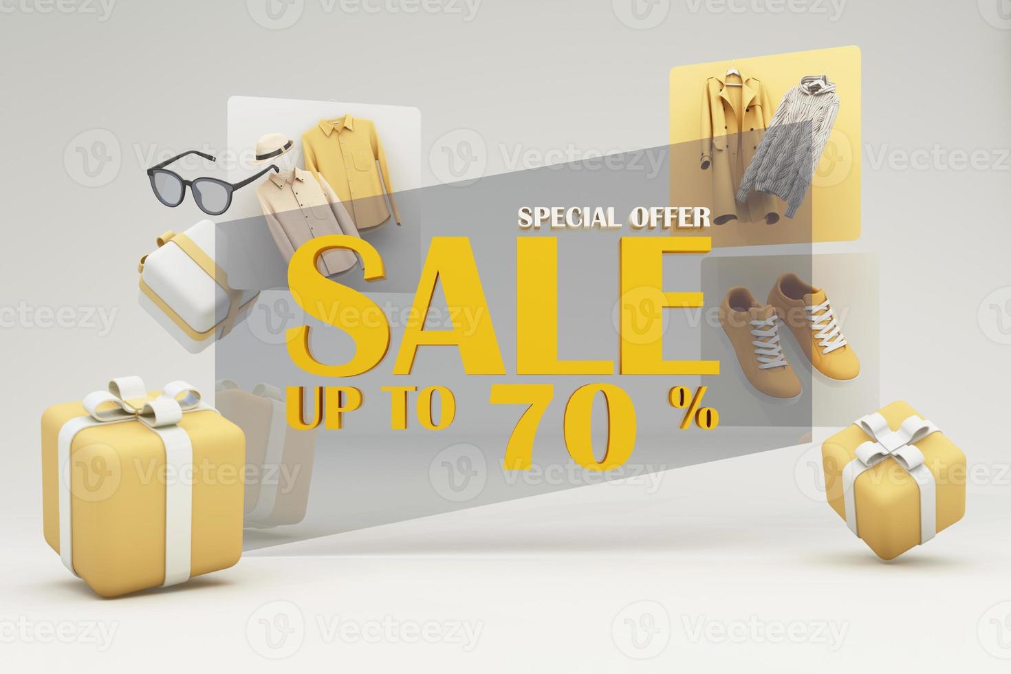 i vestiti di moda durante lo shopping online le promozioni e gli sconti saranno circondati da magliette, scarpe, occhiali da sole e scatole regalo e pacchetti con banner di spazi pubblicitari sfondo pastello rendering 3d foto