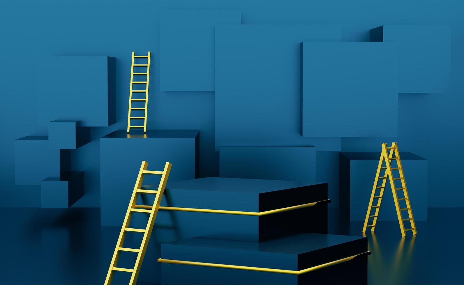 podio vuoto con forme geometriche e scala o scala a pioli in composizione blu per la visualizzazione scenica moderna e mockup minimalista, sfondo astratto della vetrina, illustrazione 3d concettuale o rendering 3d foto