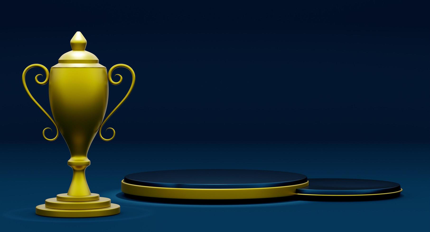 Coppa del campione d'oro o trofei e podio con forme geometriche in composizione blu per la visualizzazione scenica moderna e il modello minimalista, sfondo astratto della vetrina, illustrazione 3d concettuale o rendering 3d foto