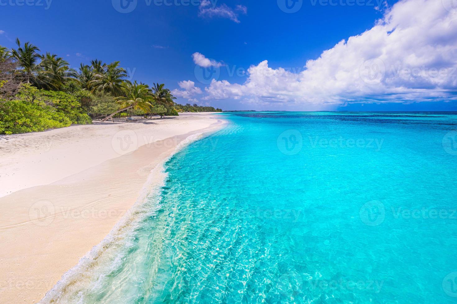 spiaggia dell'isola delle maldive. paesaggio tropicale di paesaggi estivi, sabbia bianca con palme. destinazione di vacanza di viaggio di lusso. paesaggio esotico della spiaggia. natura straordinaria, relax, libertà modello di natura foto