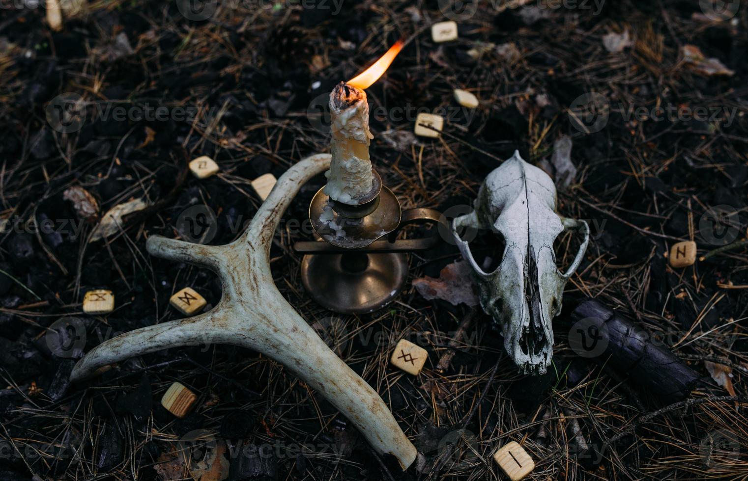 candela accesa e vecchia palella nella foresta incantata. concetto occulto ed esoterico. foto