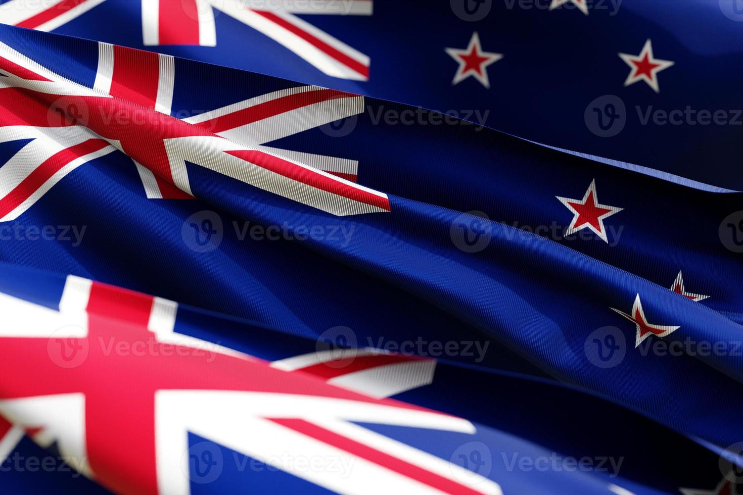 la bandiera nazionale della nuova zelanda dal tessile primo piano in tre versioni, soft focus. illustrazione 3d foto