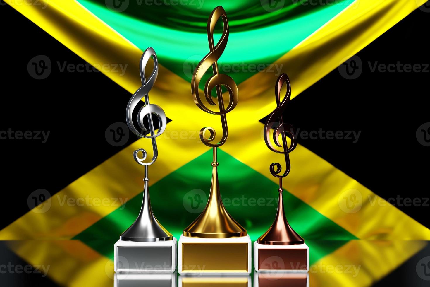 treble clef awards per aver vinto il premio musicale sullo sfondo della bandiera nazionale della giamaica, illustrazione 3d. foto