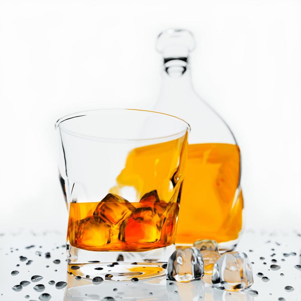 whisky o brandy, bevande alcoliche in elegante bicchiere trasparente. alcool in vetro trasparente posizionato su piano lucido con gocce d'acqua. concetto di alcol in bar o studio shot. rendering 3D foto