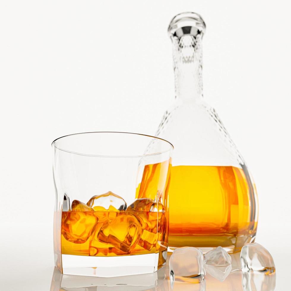 whisky o brandy, bevande alcoliche in elegante bicchiere trasparente. alcool in vetro trasparente posizionato su piano lucido con gocce d'acqua. concetto di alcol in bar o studio shot. rendering 3D foto