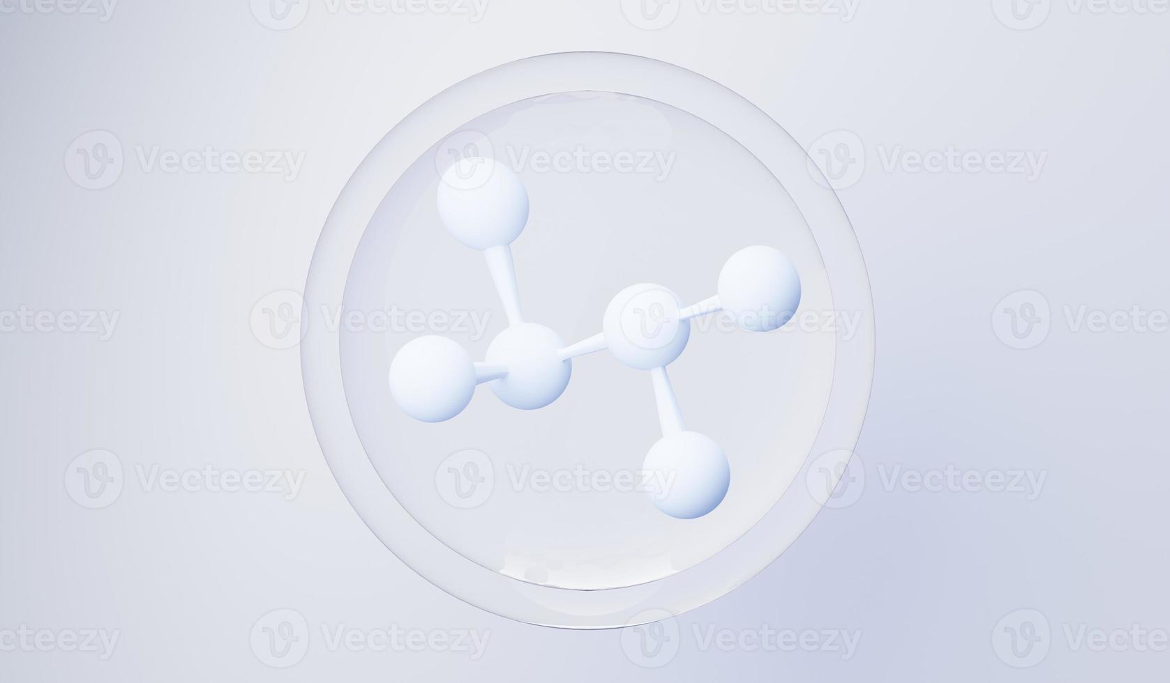 Rendering 3d di un semplice legame chimico nella cellula o nelle molecole laterali. l'associato di atomi, ioni, legame e molecole. sfondo di bolla di goccia di liquido. legame covalente. interazione biochimica. foto