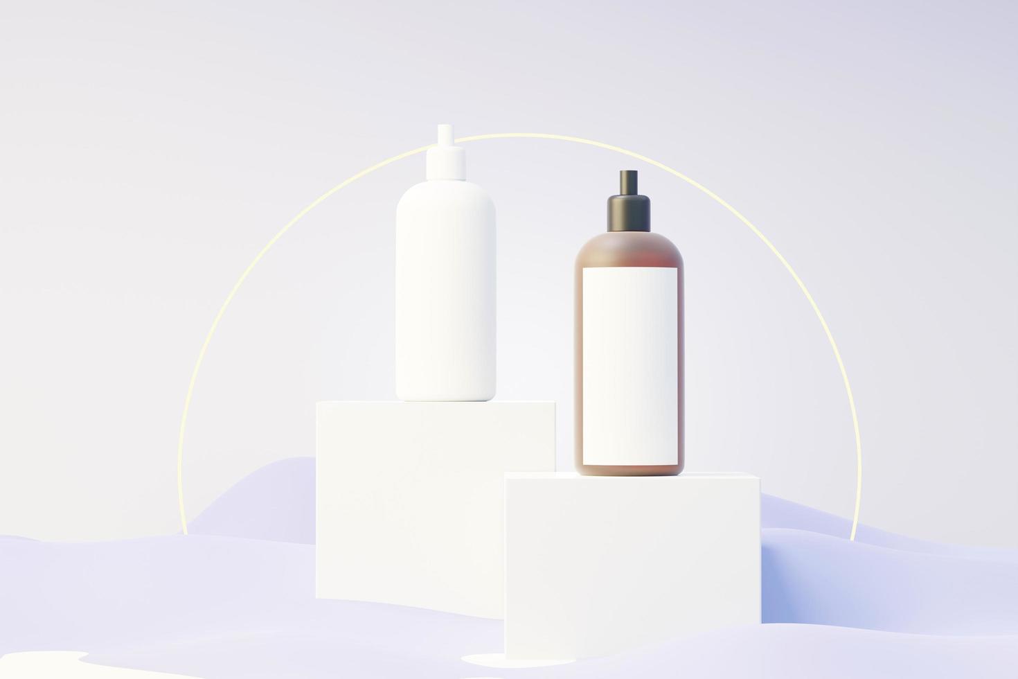 Rendering 3d di prodotti per la cura della pelle di cosmetici vuoti o imballaggi per mock up. concetto di sapone e spa di bellezza. lozione olio idratante per la salute della pelle. design premium e di lusso per il branding. foto