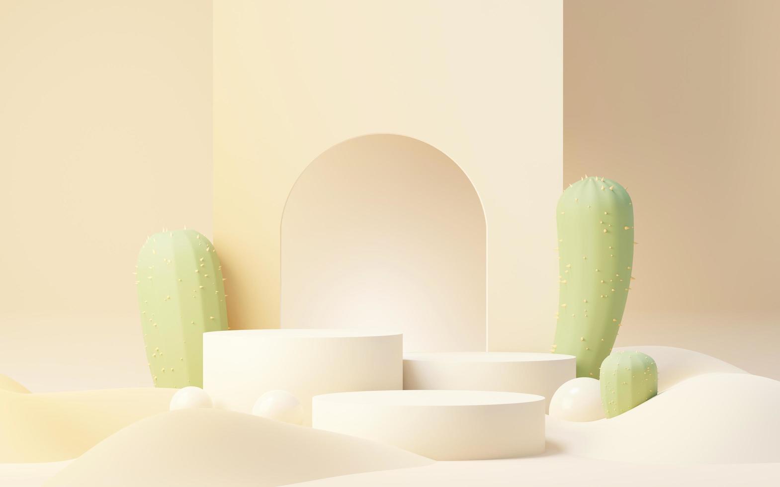 3d mock up podio crema marrone con mini tema deserto di cactus e sabbie. piedistallo per la presentazione di prodotti e cosmetici. scena colorata astratta per la pubblicità. sfondo di promozione della vendita. foto