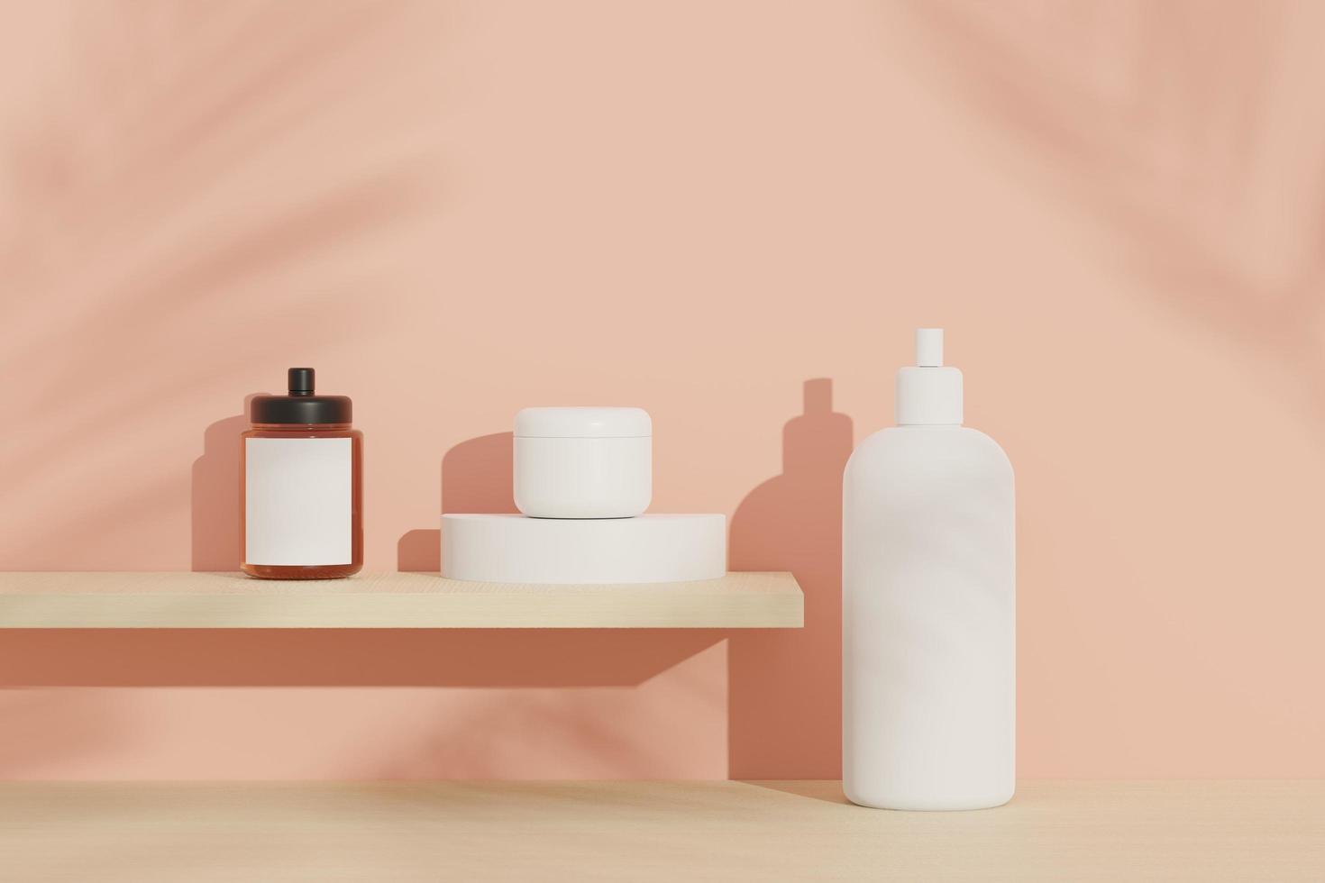 Rendering 3d di prodotti per la cura della pelle di cosmetici vuoti o imballaggi per mock up. disegno terrazzo. concetto di sapone e spa di bellezza. lozione olio idratante per la salute della pelle. design premium e di lusso per il branding. foto