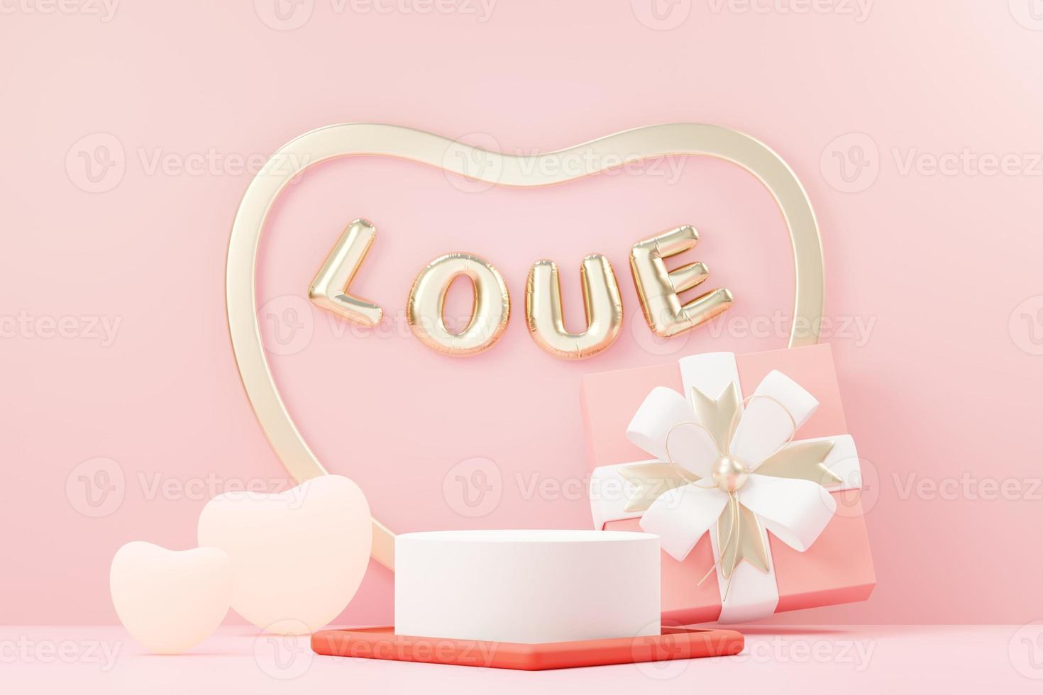 3d rendono scena dolce minima con podio di visualizzazione per mock up e presentazione del marchio del prodotto. piedistallo rosa per il tema di San Valentino. sfondo carino bel cuore. stile di design del giorno dell'amore. foto