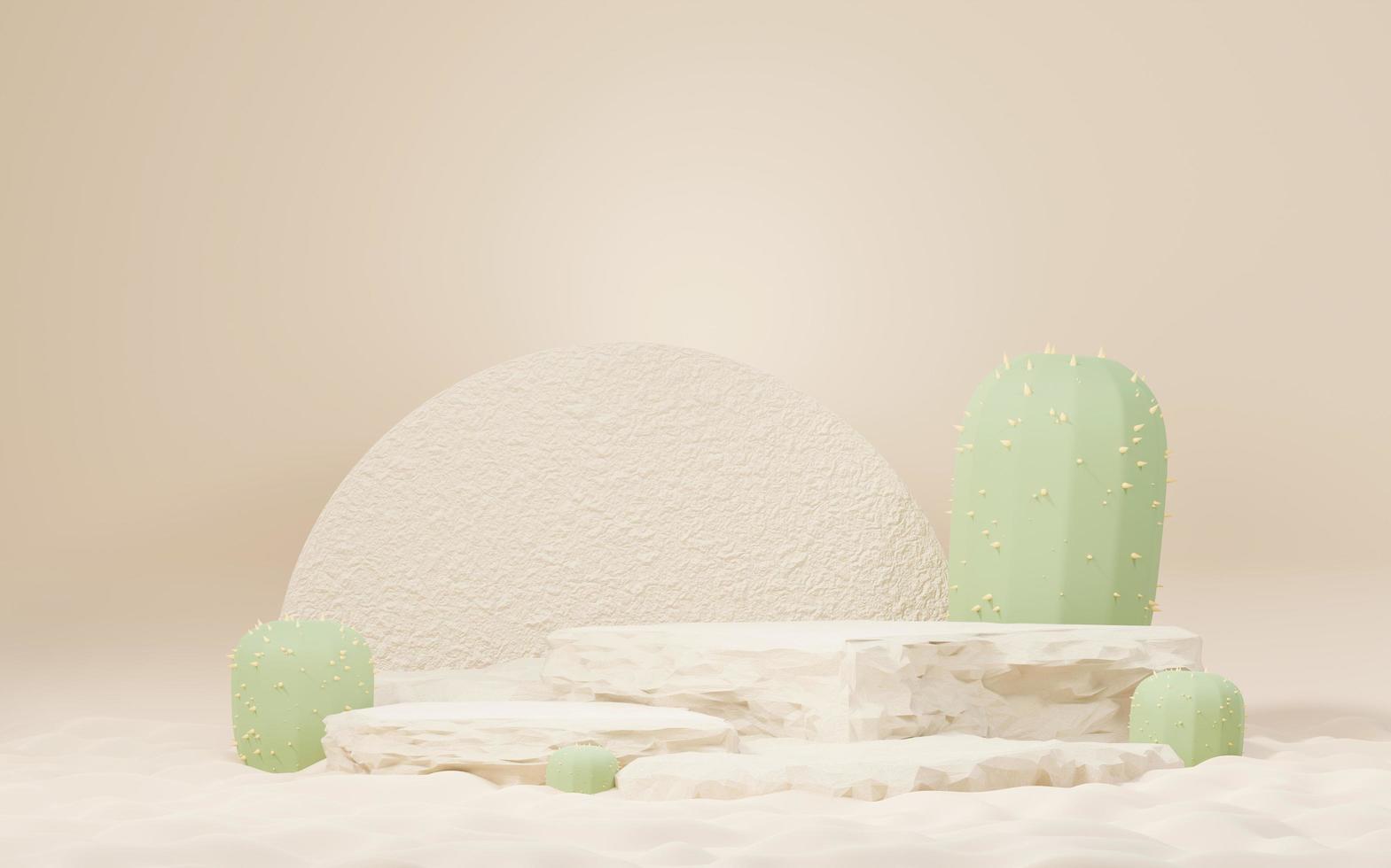 3d mock up podio crema marrone con mini tema deserto di cactus e sabbie. piedistallo per la presentazione di prodotti e cosmetici. scena colorata astratta per la pubblicità. sfondo di promozione della vendita. foto