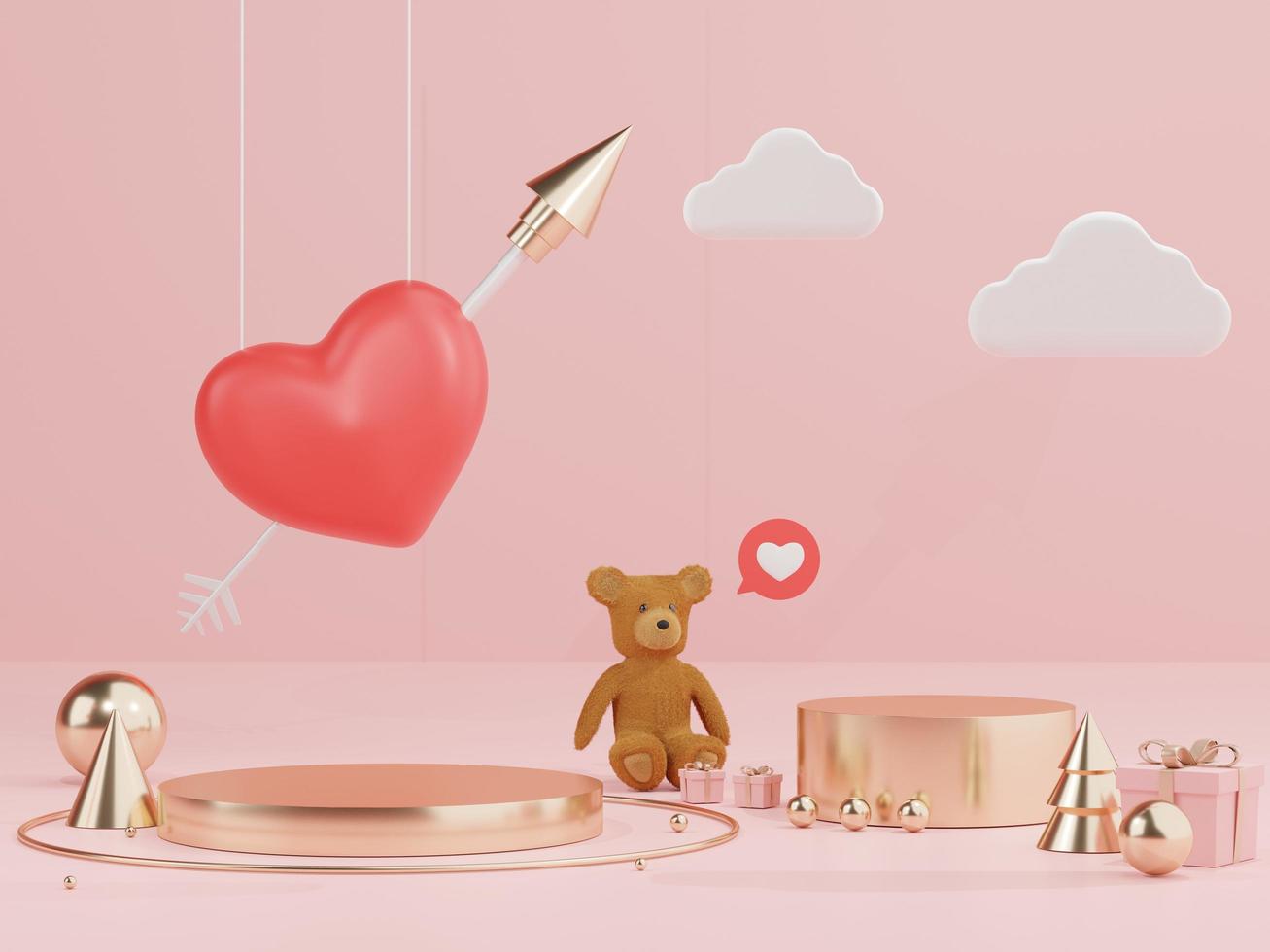 Rendering 3d della scena minima del podio vuoto con il tema di San Valentino. espositore per la presentazione del prodotto mock up. stadio a cilindro in dolce e adorabile colore rosa con un design semplice. foto