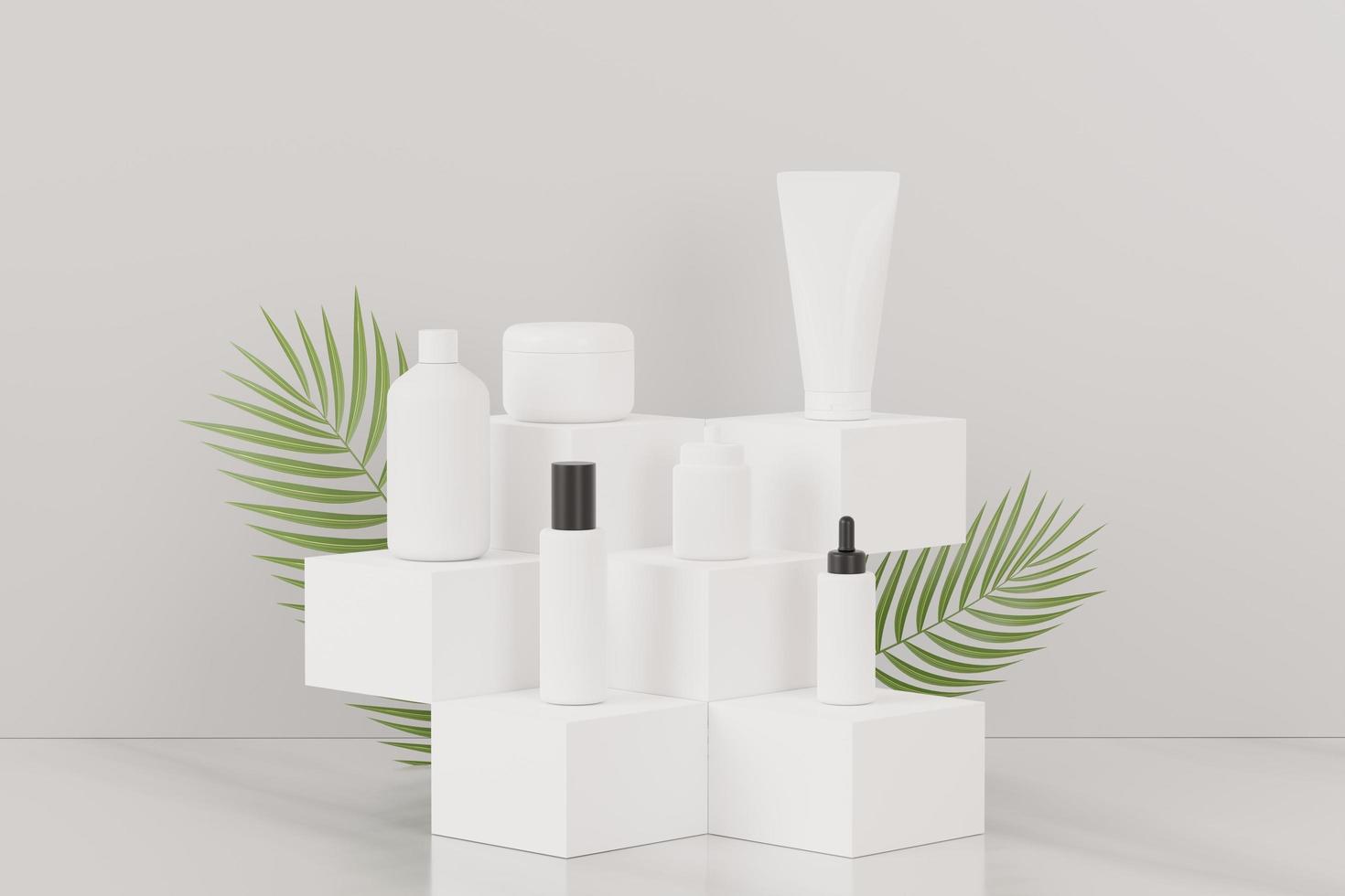 Rendering 3d di prodotti per la cura della pelle di cosmetici vuoti o imballaggi per mock up. concetto di sapone e spa di bellezza. lozione olio idratante per la salute della pelle. design premium e di lusso per il branding. foto