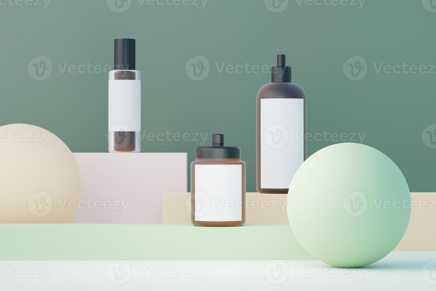 Rendering 3d di prodotti per la cura della pelle di cosmetici vuoti o imballaggi per mock up. concetto di sapone e spa di bellezza. lozione olio idratante per la salute della pelle. design premium e di lusso per il branding. foto