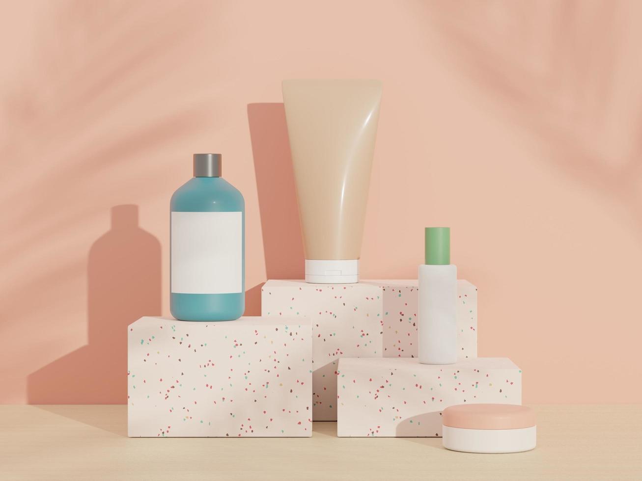 Rendering 3d di prodotti per la cura della pelle di cosmetici vuoti o imballaggi per mock up. disegno terrazzo. concetto di sapone e spa di bellezza. lozione olio idratante per la salute della pelle. design premium e di lusso per il branding. foto