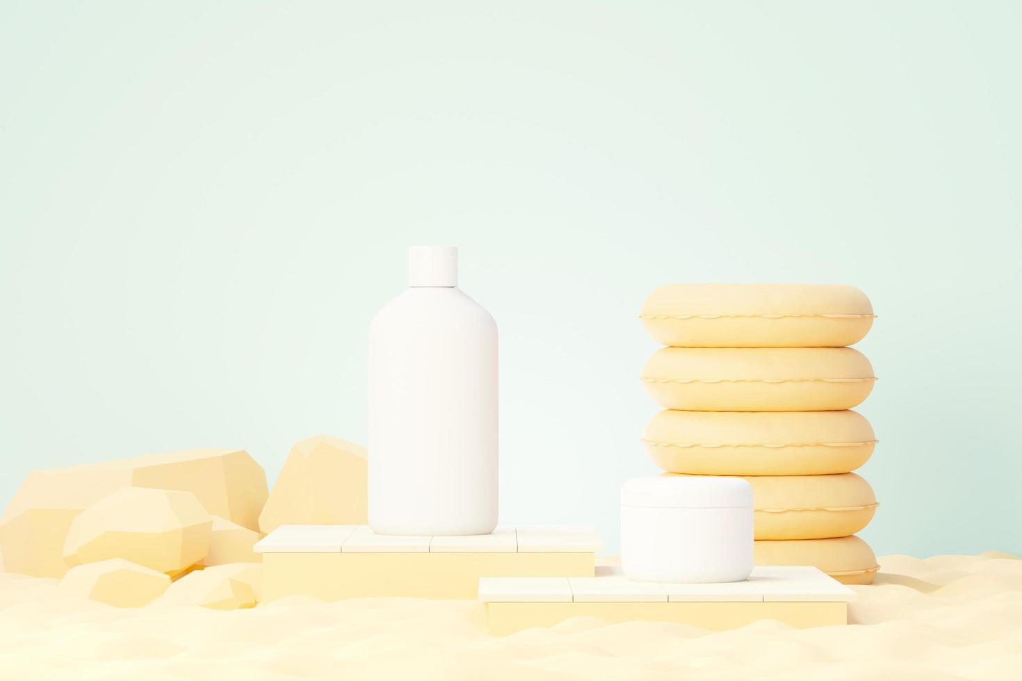 Rendering 3d di prodotti per la cura della pelle di cosmetici vuoti o imballaggi per mock up. concetto di sapone e spa di bellezza. lozione olio idratante per la salute della pelle. design premium e di lusso per il branding. foto