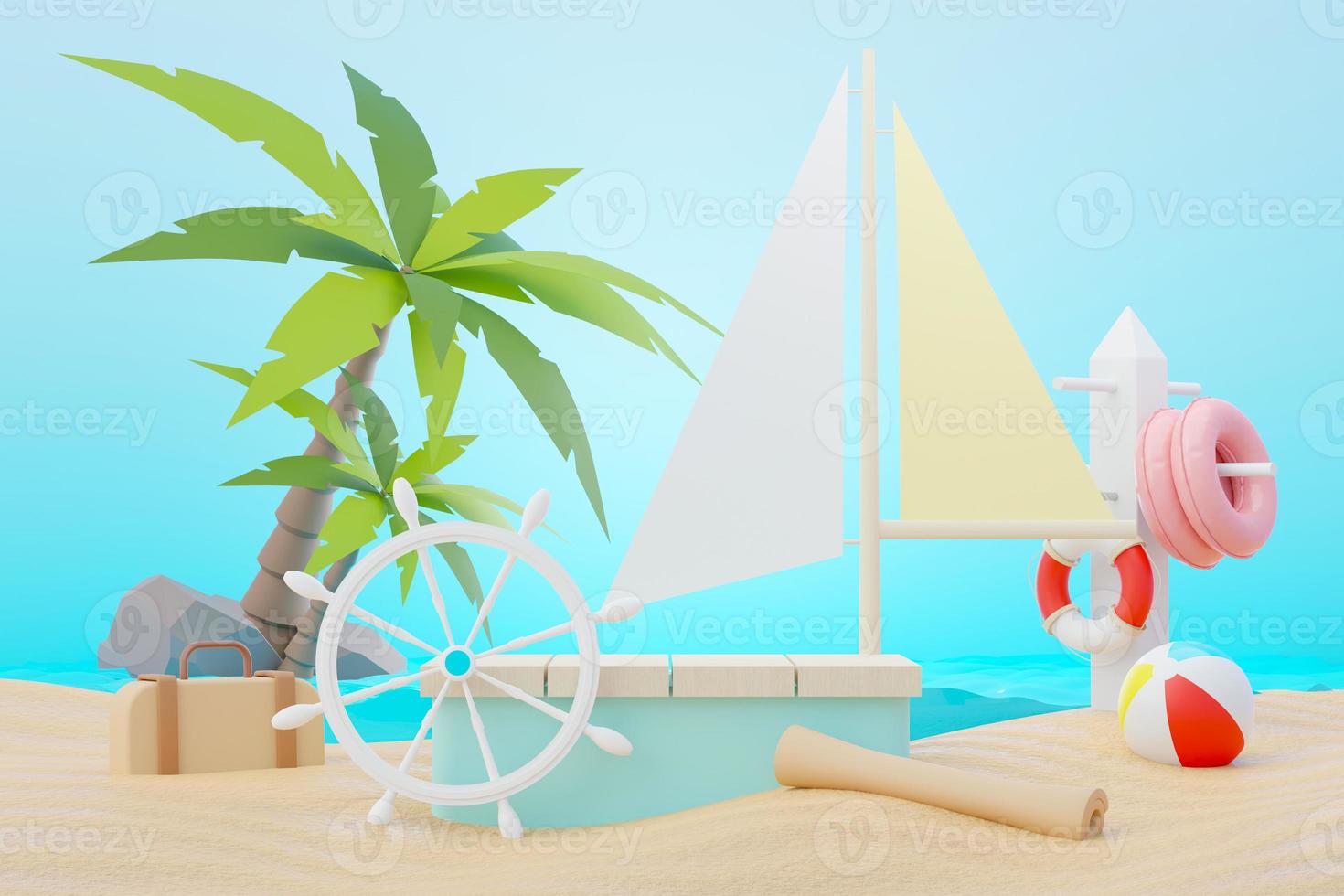 3d rendono il podio dei saldi estivi per mostrare il prodotto. scena di vacanze al mare in estate per il mock up. foto