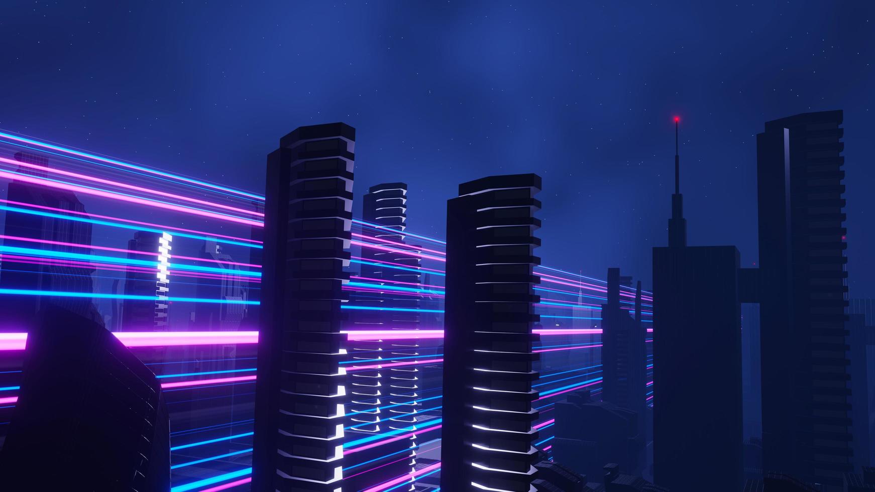 Rendering 3D del concetto di paesaggio urbano notturno di cyber. luce che emette luce su una scena oscura. vita notturna. rete tecnologica per 5g. oltre la generazione e il futuristico della capitale fantascientifica e della scena edilizia. foto