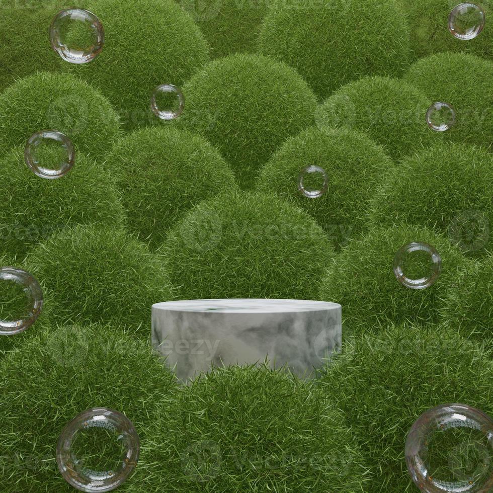 mockup podio in marmo vetrina con palla d'erba e bolle 3d rendering illustrazione foto