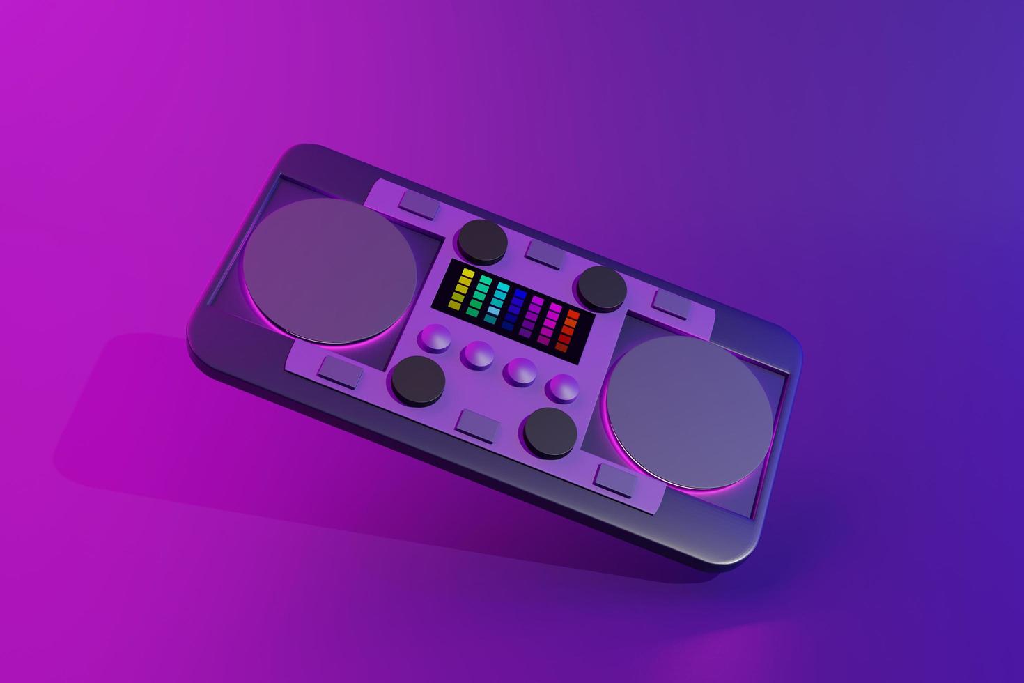 3d dj mixer audio spettacolo di musica in una discoteca per l'intrattenimento con apparecchiature audio discoteca per il divertimento con luce al neon blu, viola sullo sfondo. illustrazione di rendering 3d. foto