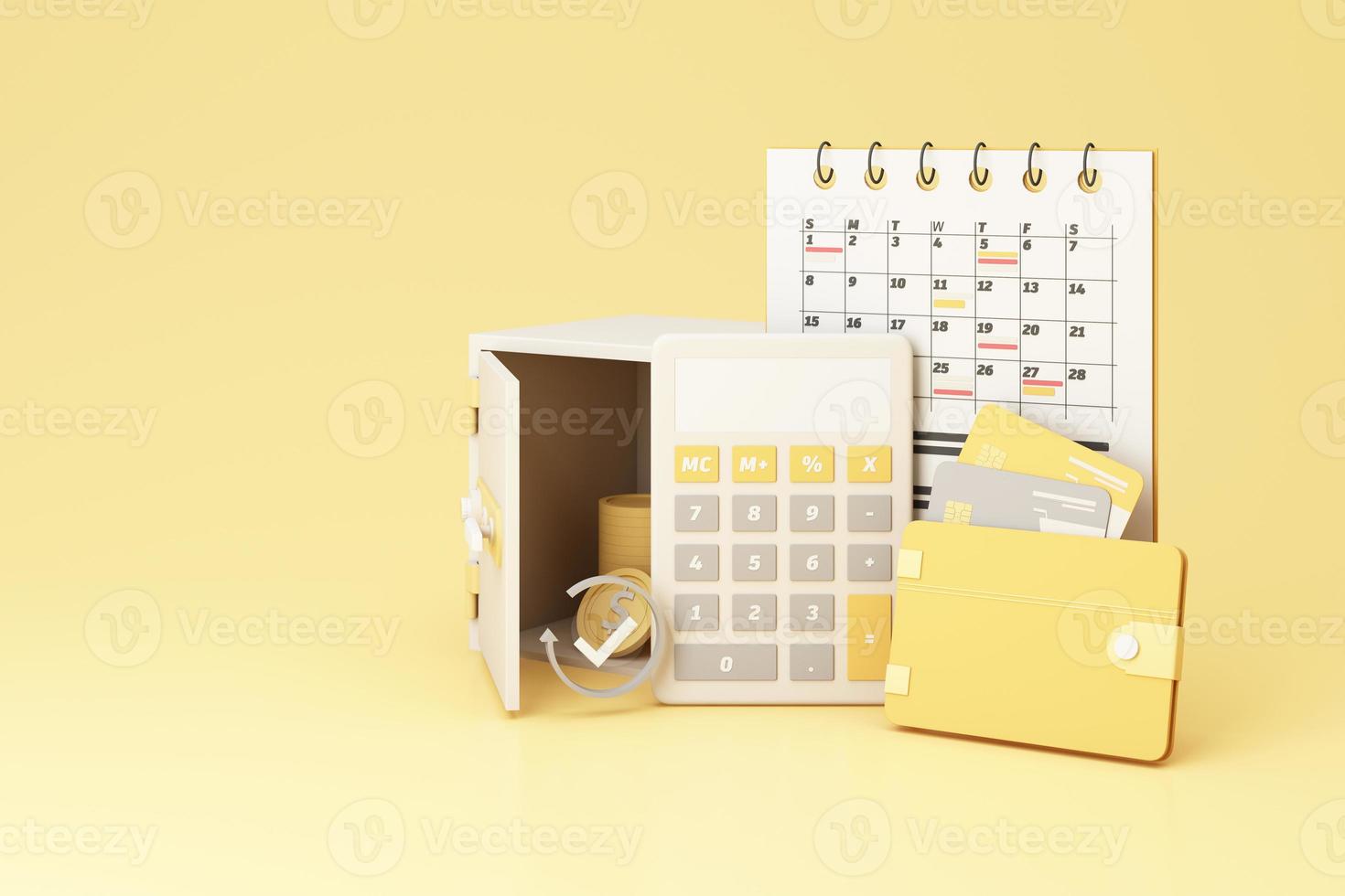 portafoglio con contanti e moneta d'oro, carta di credito galleggiante con cassetta di sicurezza e calendario, su sfondo giallo pastello. concetto di società senza contanti e risparmio di denaro. illustrazione di rendering 3d realistica foto