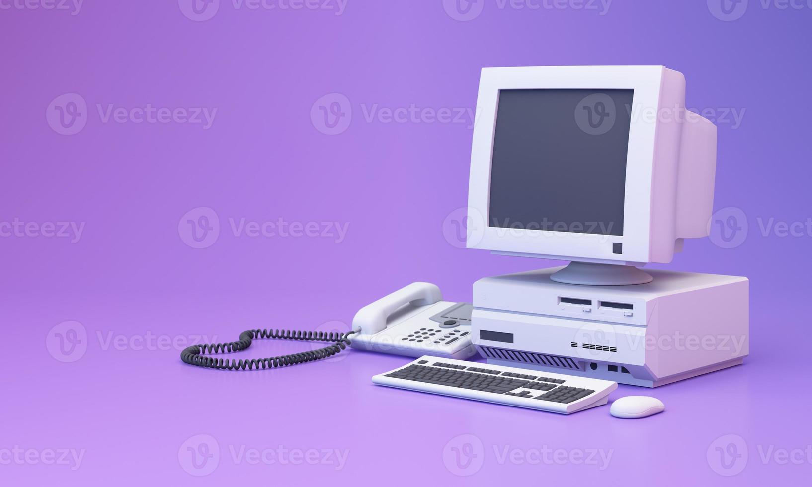 sfondo estetico astratto con finestre di messaggi di sistema in stile anni '90, vecchio computer vintage, mouse, tastiera, finestra di messaggi di sistema di icone pop-up su gradiente rosa e viola in stile y2k realistico rendering 3d foto