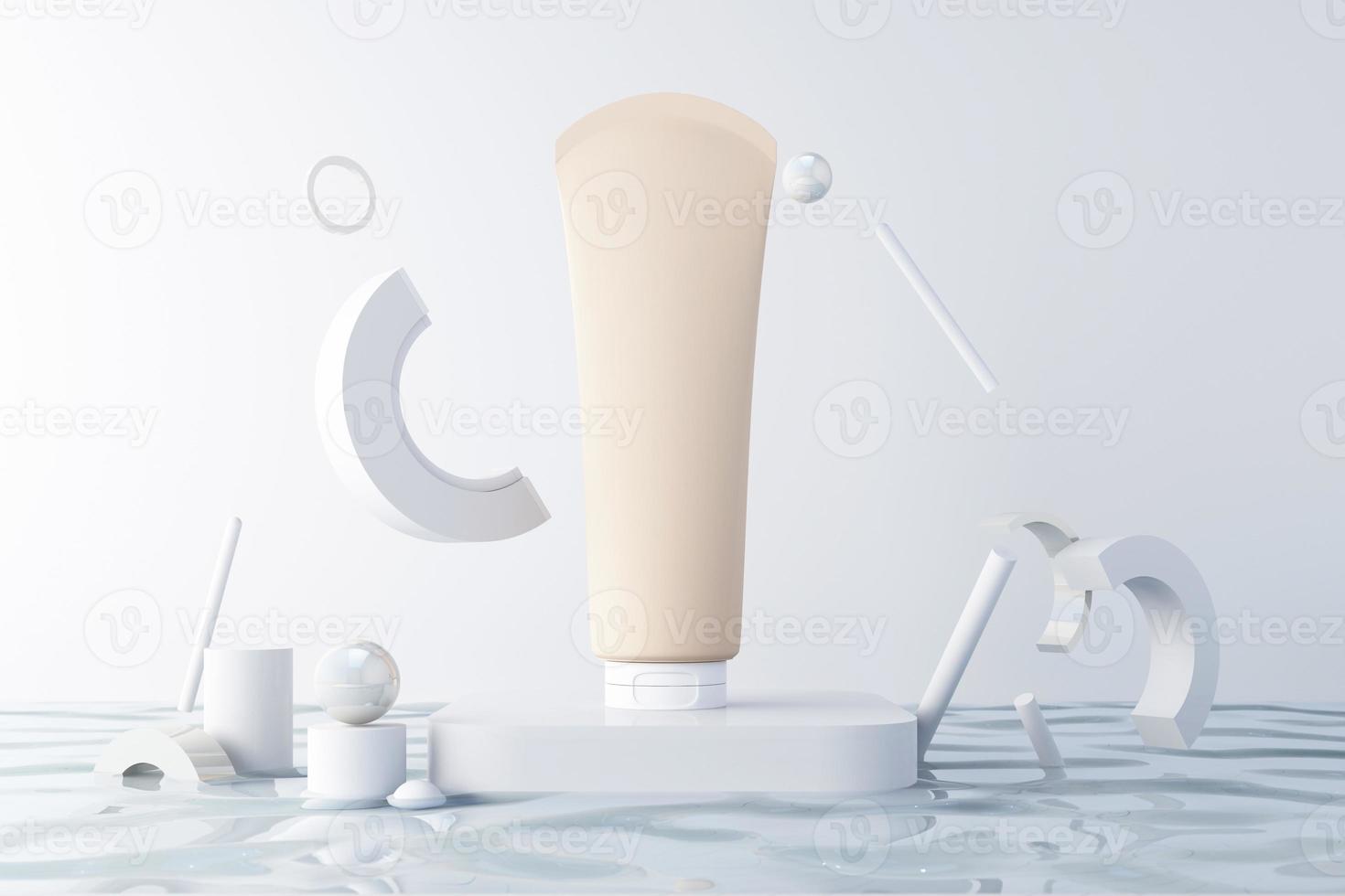 mockup di prodotti cosmetici su podi geometrici. sfondo e forma geometrica sull'acqua per la presentazione del rendering 3d realistico e cosmetico foto