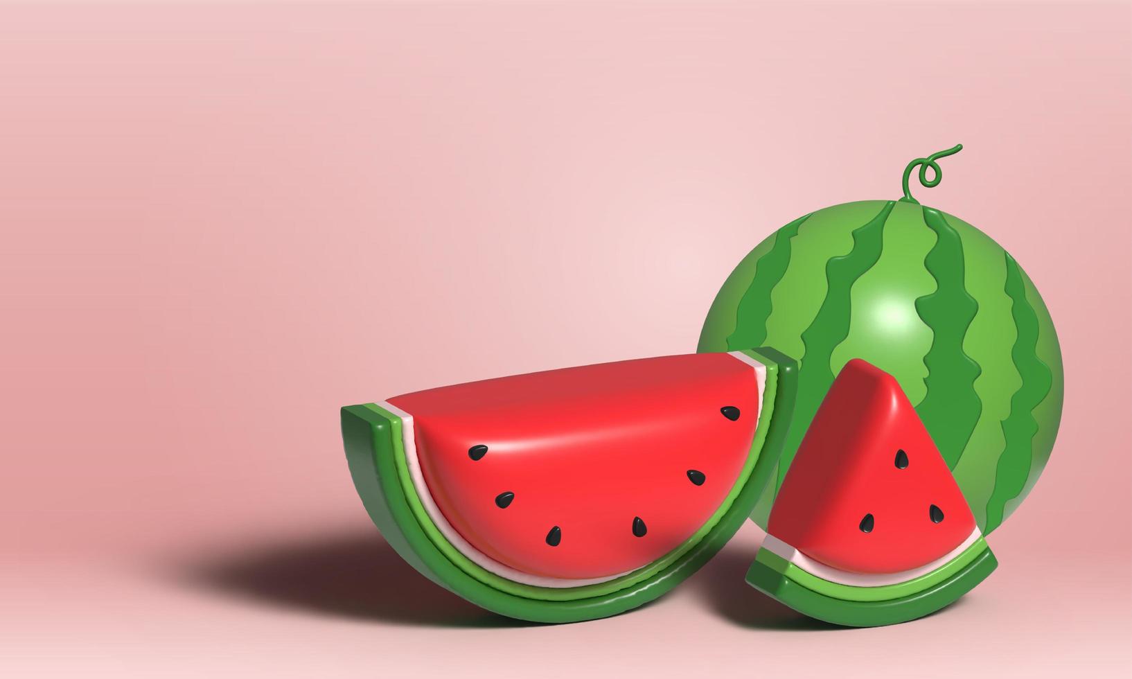 Banner di anguria 3d e fette succose, illustrazione 3d di succo di anguria, concetto di frutta fresca e succosa di cibo estivo. foto