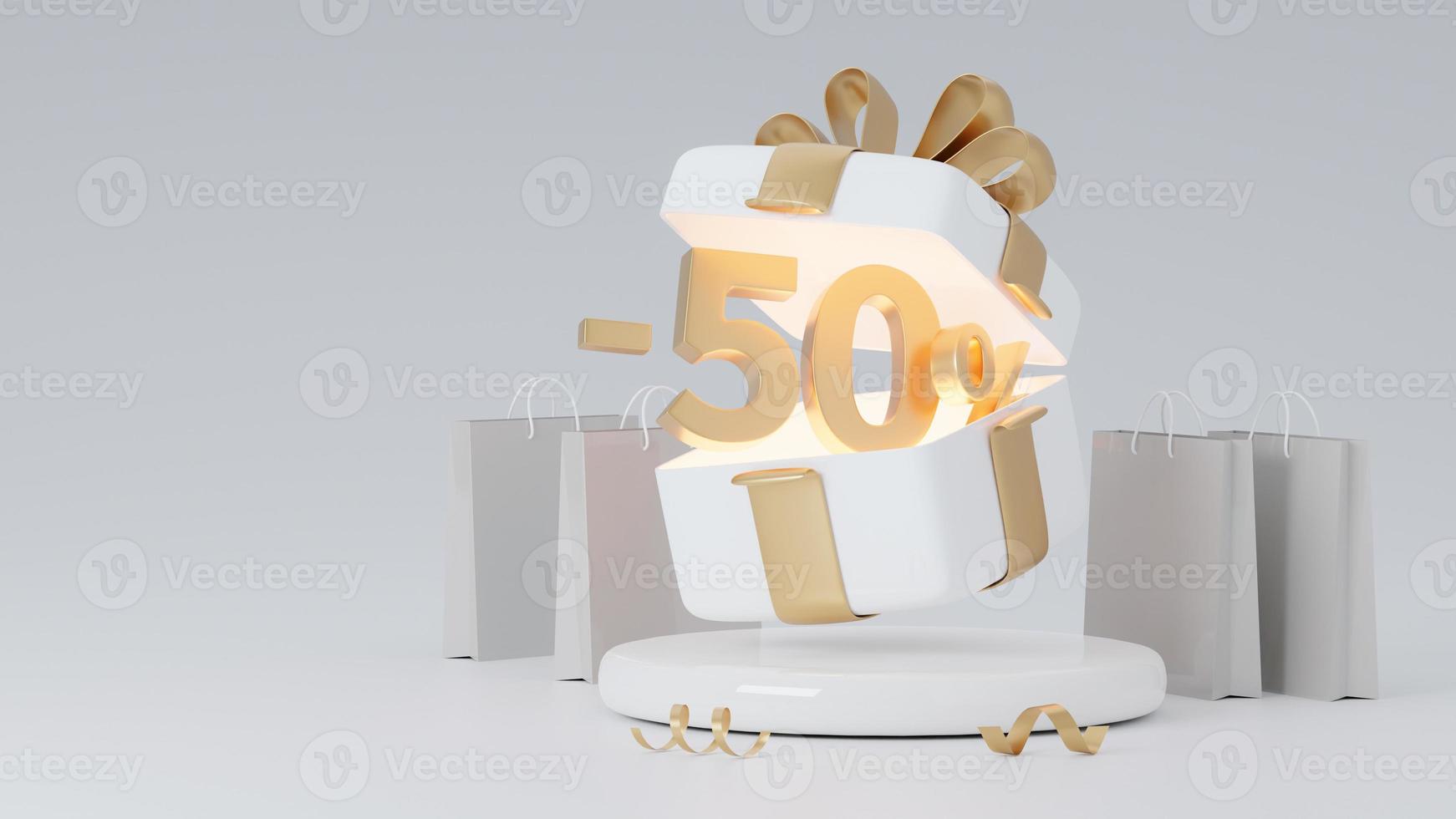 confezione regalo aperta con percentuale di sconto. confezione regalo bianca e fiocco dorato sul podio. concetto di regalo di sconto. rendering 3D foto