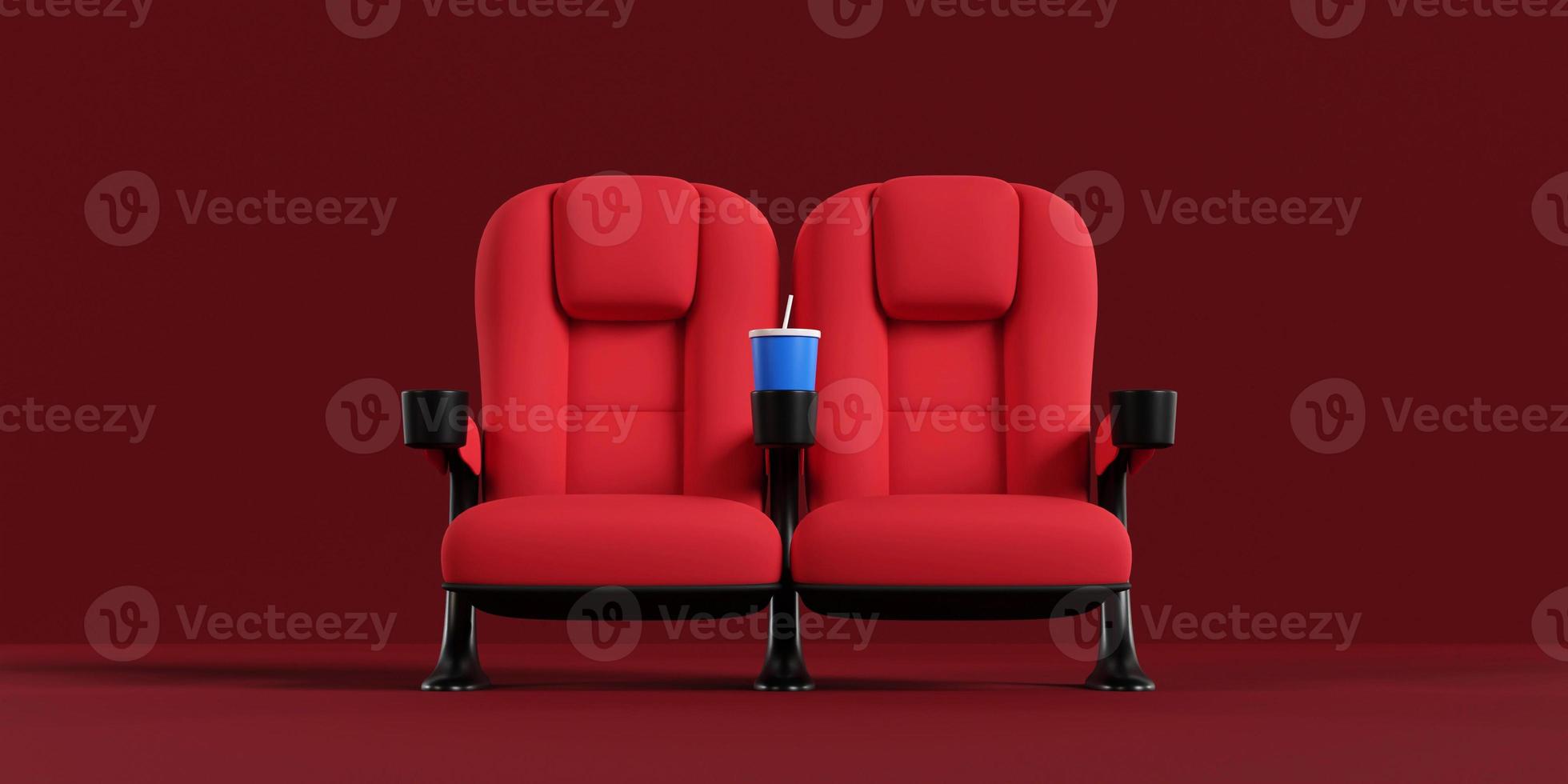 le coppie dei sedili del cinema stanno sul tappeto rosso. acquista il concetto di biglietto del cinema, la notte del cinema. rendering 3D. foto