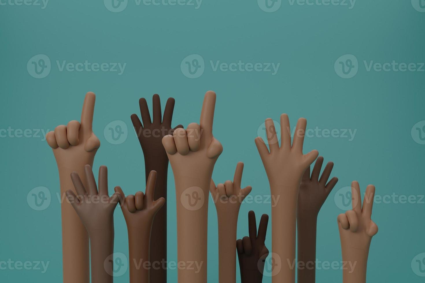 mani alzate di colore della pelle di razza diversa, mese della storia nera, pelle marrone, attivismo contro la discriminazione dei pregiudizi, afroamericano, persone di colore. concetto di diversità. illustrazione di rendering 3d. foto