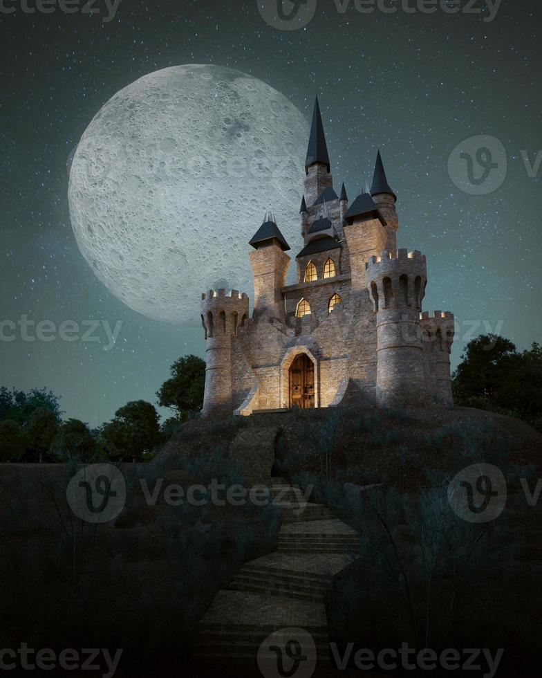 castello con luna piena nella notte sky.3d rendering foto