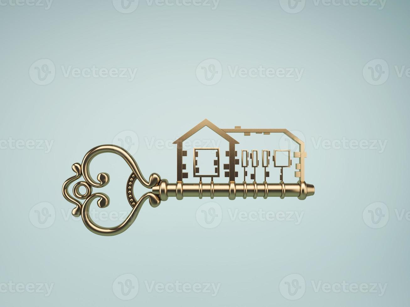chiave di casa d'oro con rendering background.3d blu foto