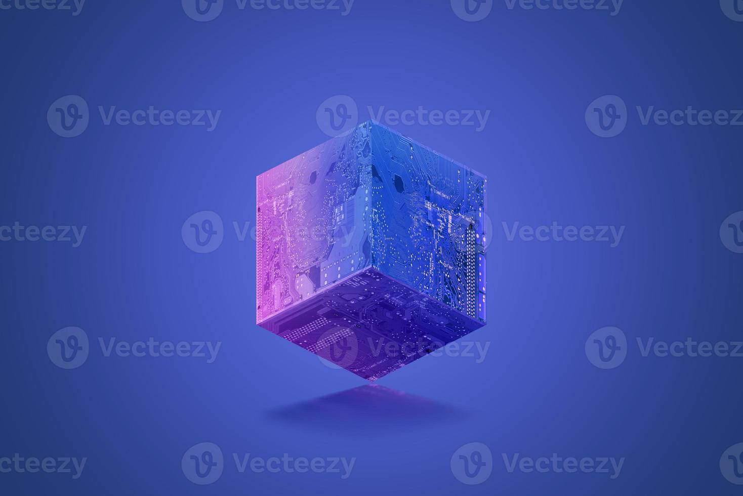 cubo o blocco blockchain con texture di schede elettroniche su sfondo blu-viola foto