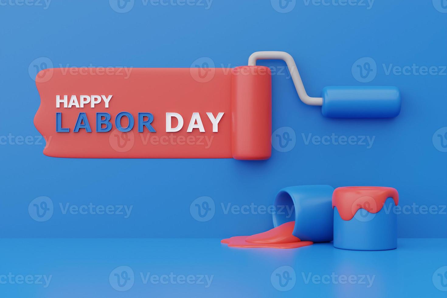 concetto di felice festa del lavoro usa con vernice a rullo in spugna rossa, strumenti di costruzione su sfondo blu, rendering 3d foto