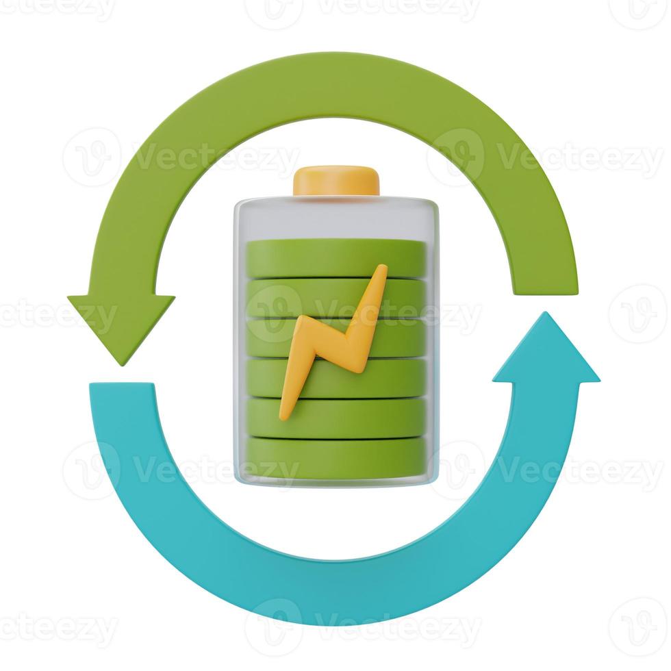 carica della batteria con freccia, risparmio energetico intelligente, energia sostenibile ecologica, rendering 3d. foto