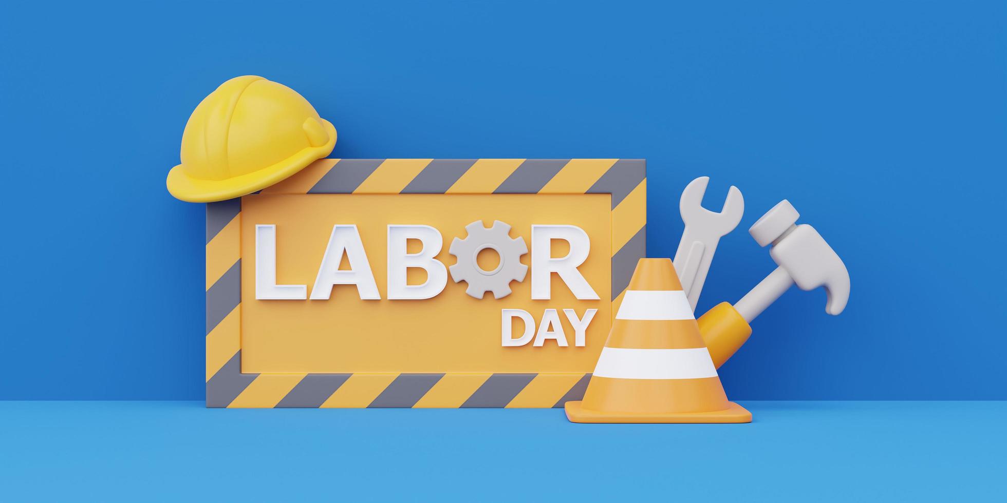 concetto di felice festa del lavoro usa con strumenti e attrezzature per la costruzione su sfondo blu, rendering 3d foto