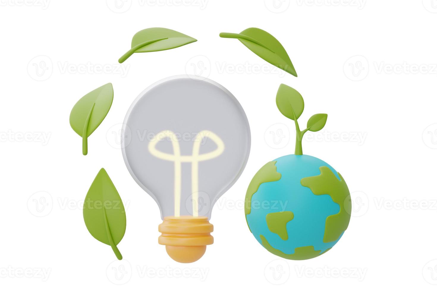 lampadina con globo mondiale e foglia verde, risparmio energetico intelligente, felice giornata della terra, giornata mondiale dell'ambiente, eco friendly, rendering 3d. foto