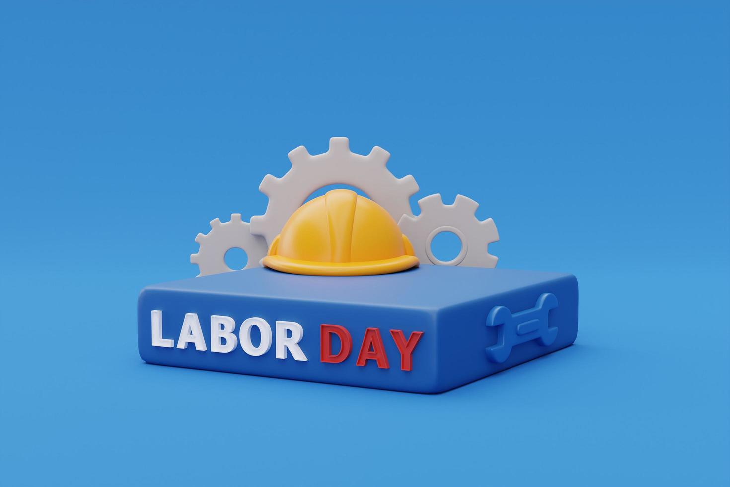 concetto di felice festa del lavoro usa, display sul podio con strumenti di costruzione e palloncino su sfondo blu, rendering 3d foto