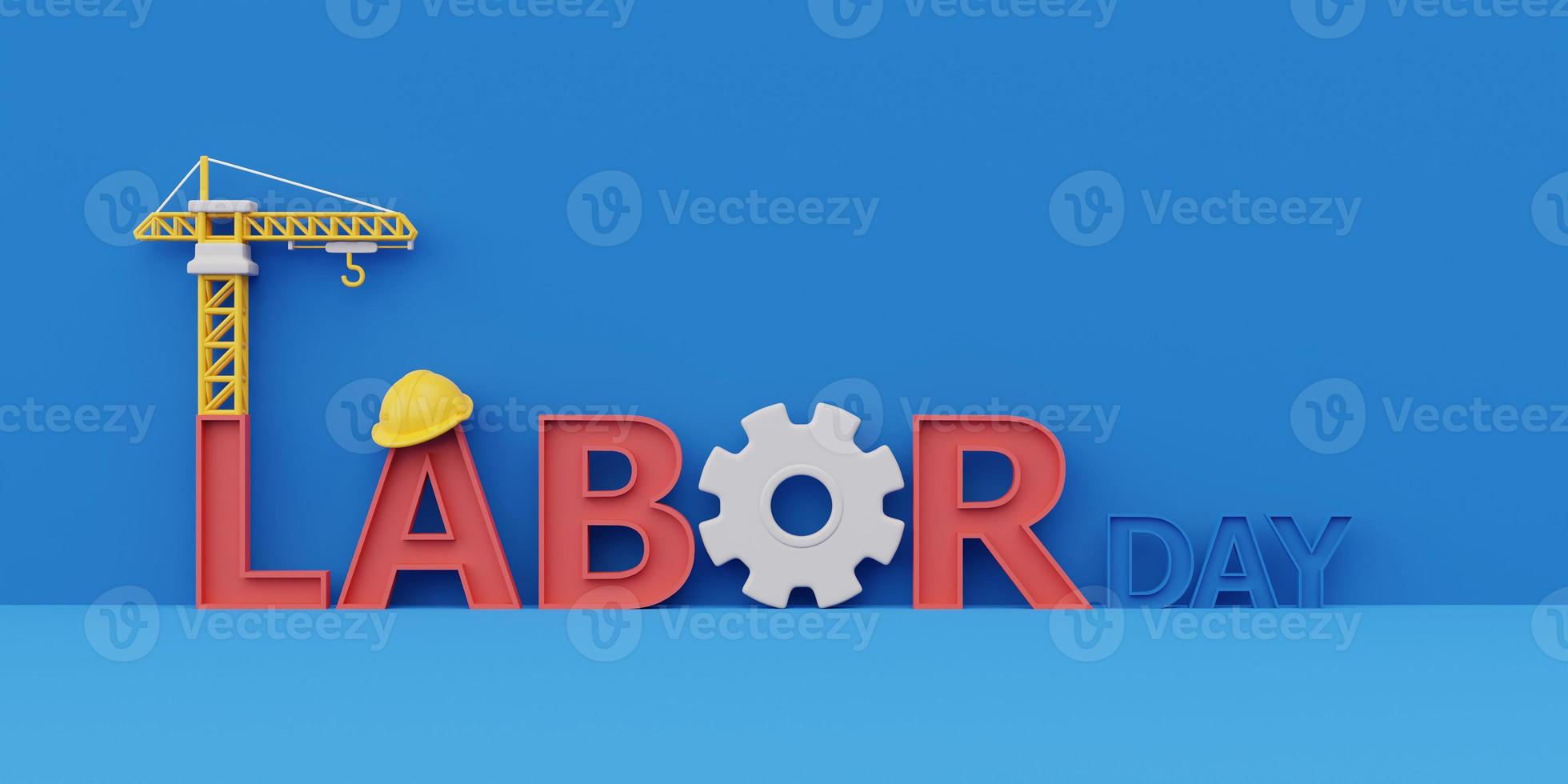 concetto di felice festa del lavoro usa con strumenti e attrezzature per la costruzione su sfondo blu, rendering 3d foto