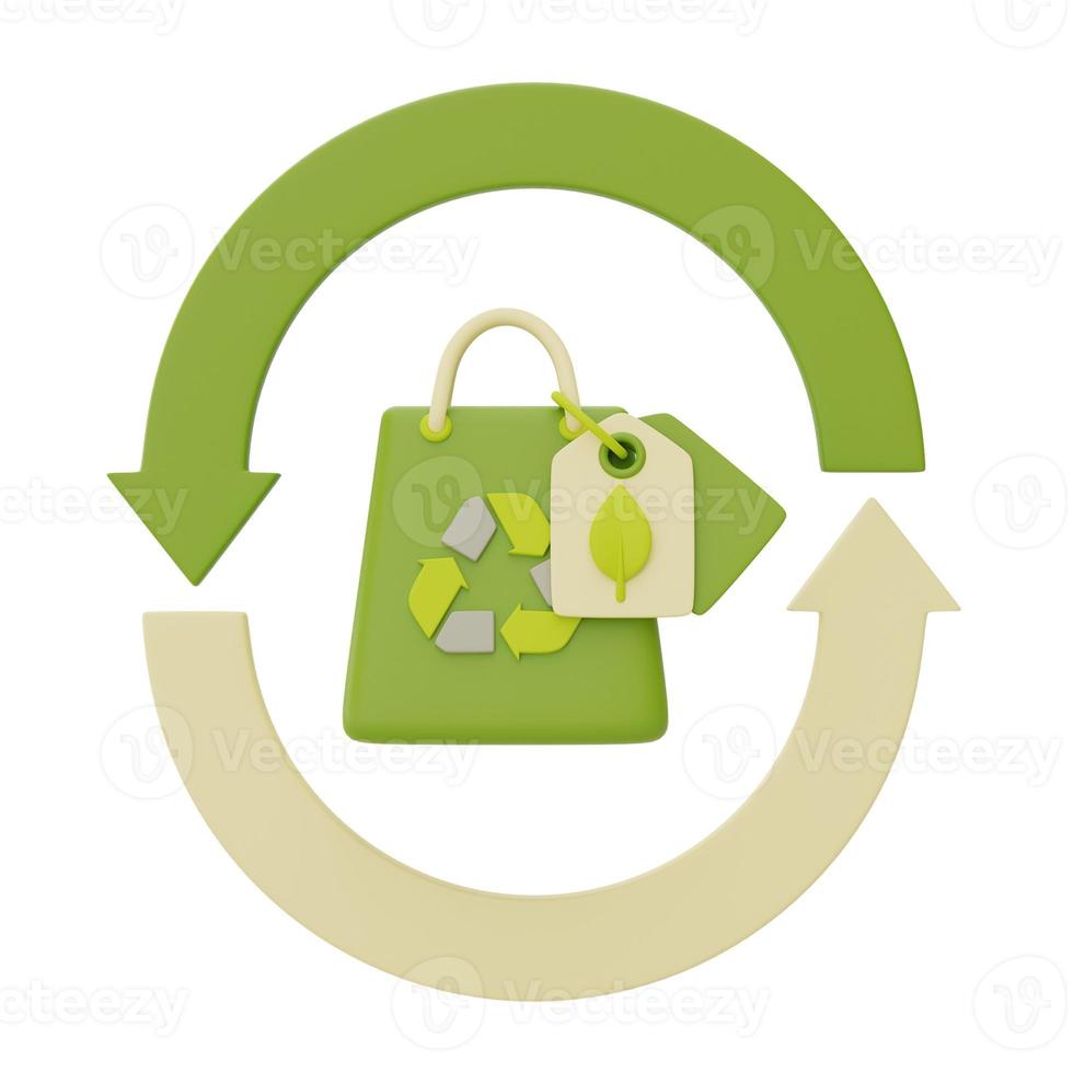 shopping bag con icone ecologiche, salva il pianeta e il concetto di energia, innovazioni eco-compatibili, rendering 3d. foto