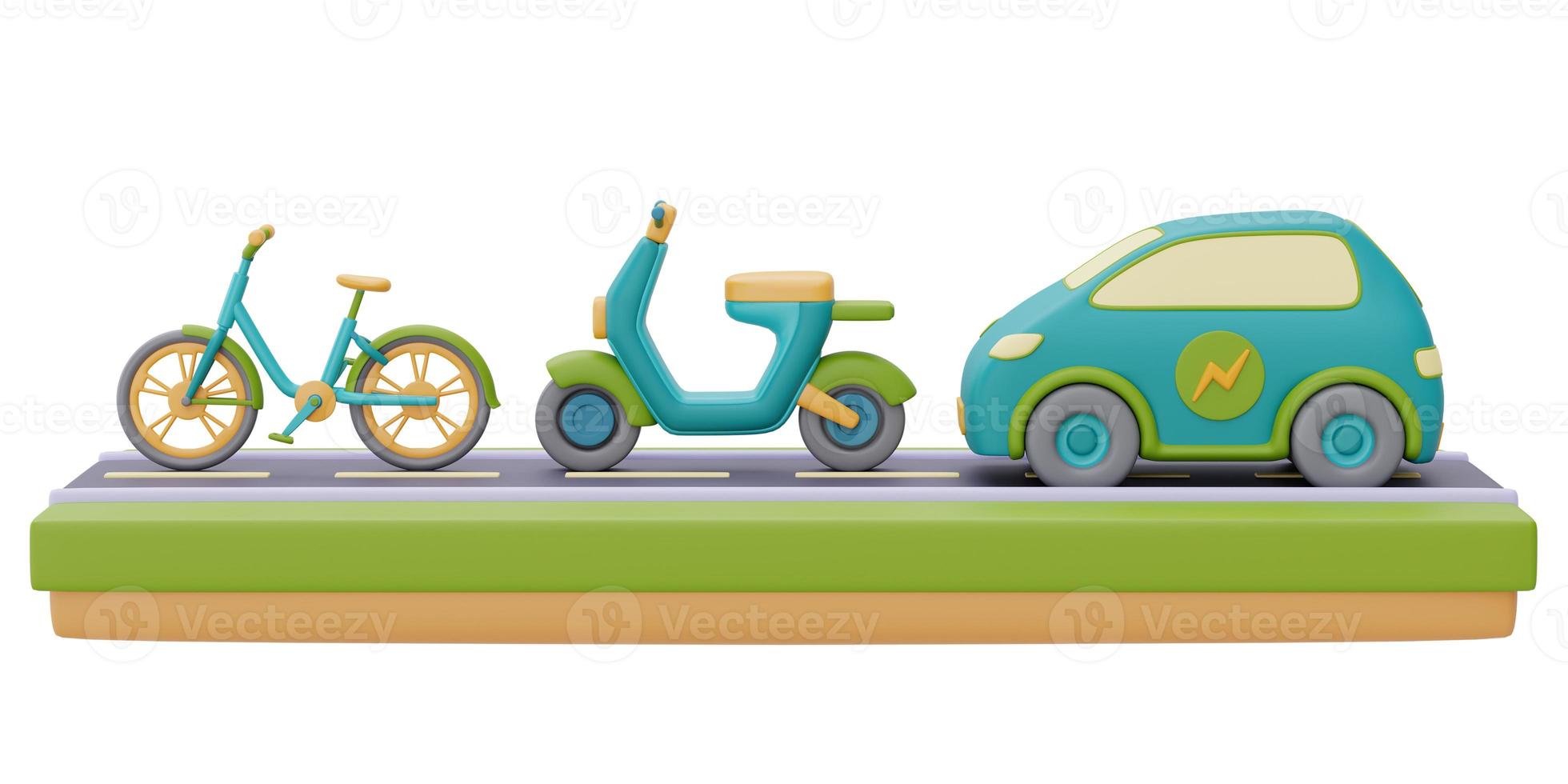 auto elettrica, moto, bicicletta su strada, concetto di energia sostenibile ecologica, rendering 3d. foto