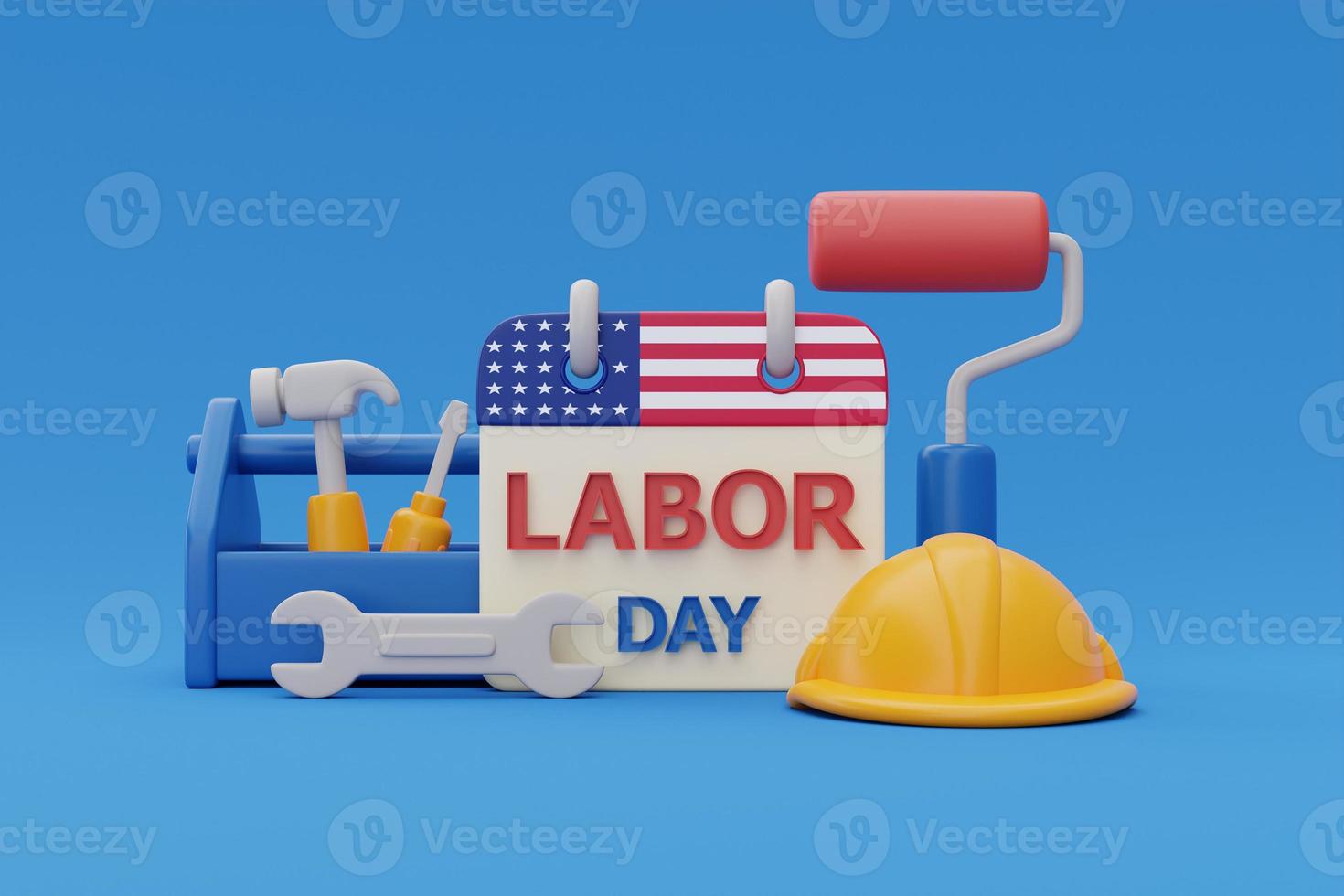 concetto di felice festa del lavoro usa con calendario e strumenti di costruzione su sfondo blu, rendering 3d foto